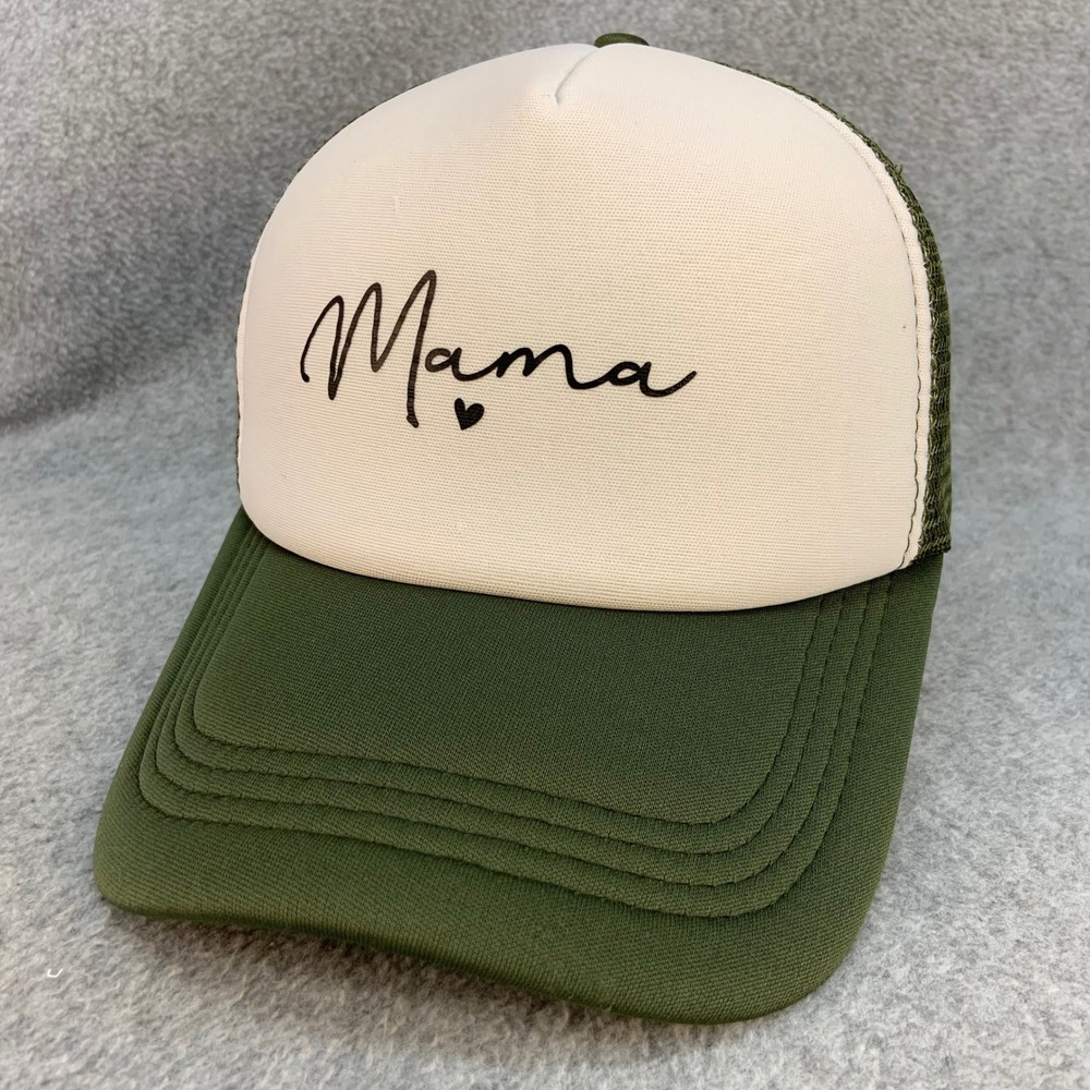 Mama Script Womens Olive Green White Foam Mesh Trucker Hat Snapback OSFM